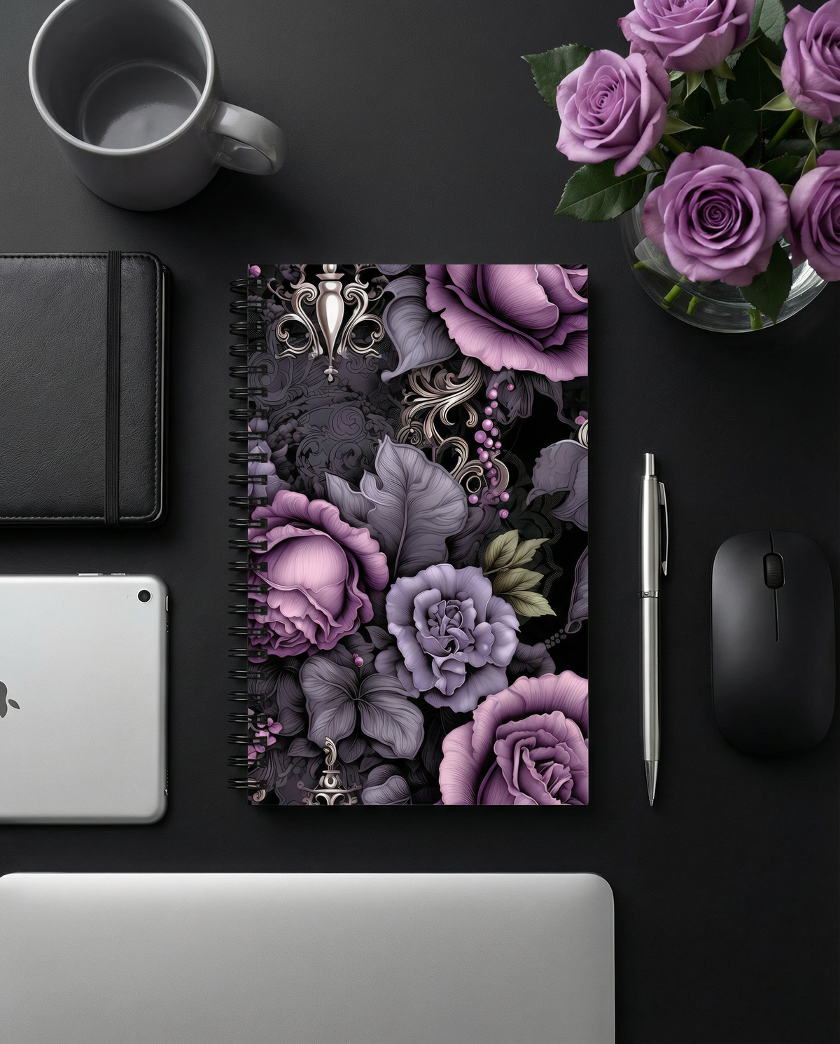Black notebook with purple and gray floral and gothic details front view