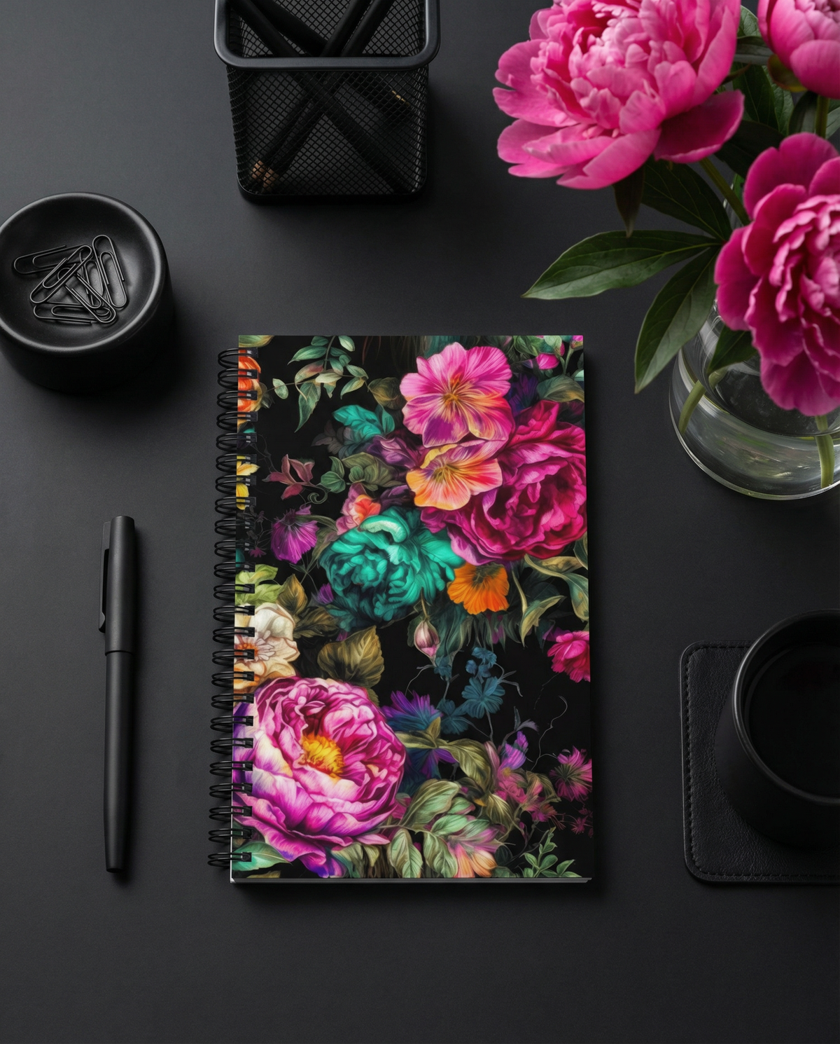 Spiral notebook in black with vivid pink, orange, and teal floral feminine pattern showing the front