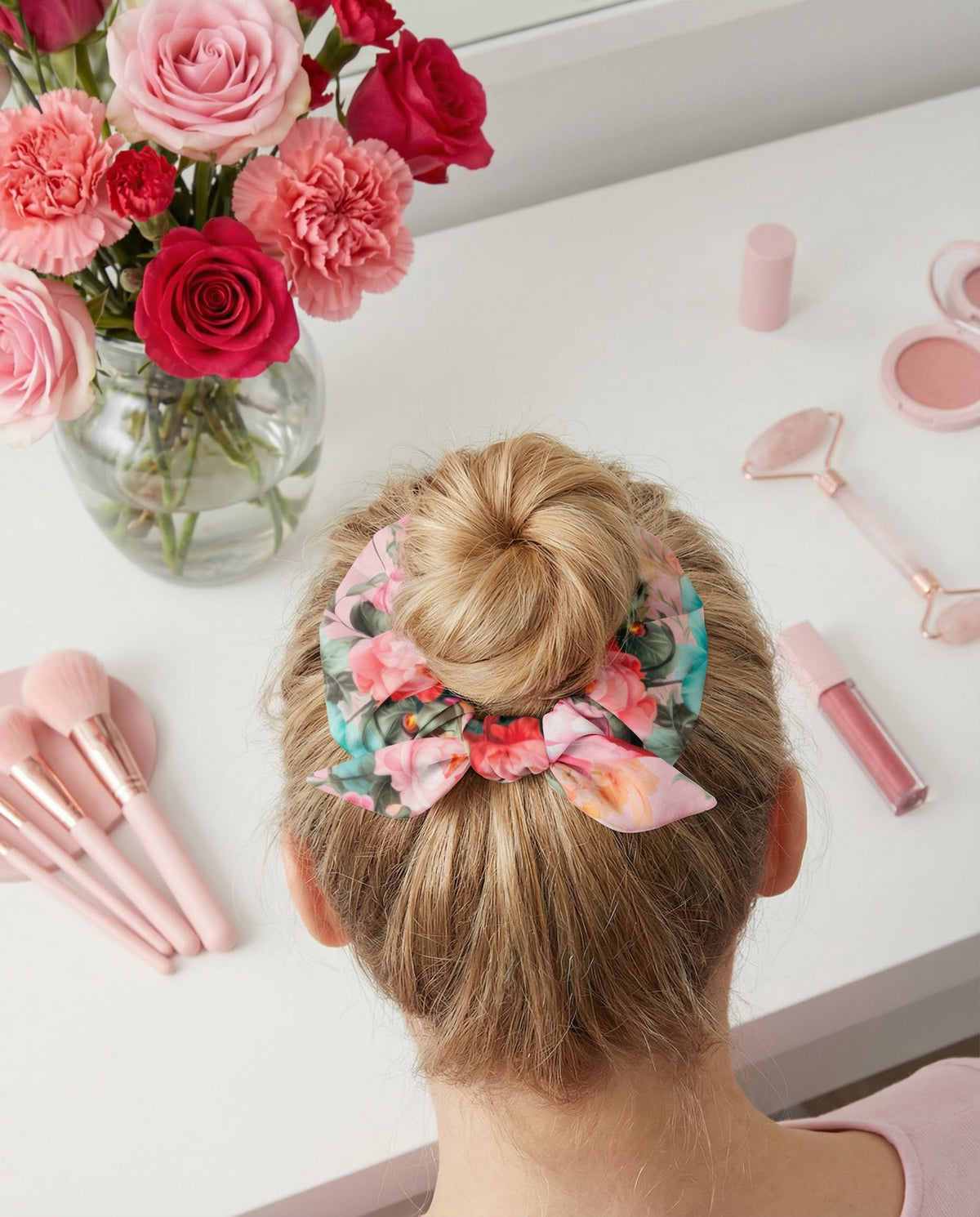 Baby pink scrunchie with feminine colorful botanical floral pattern on it with bow detail front view in hair example