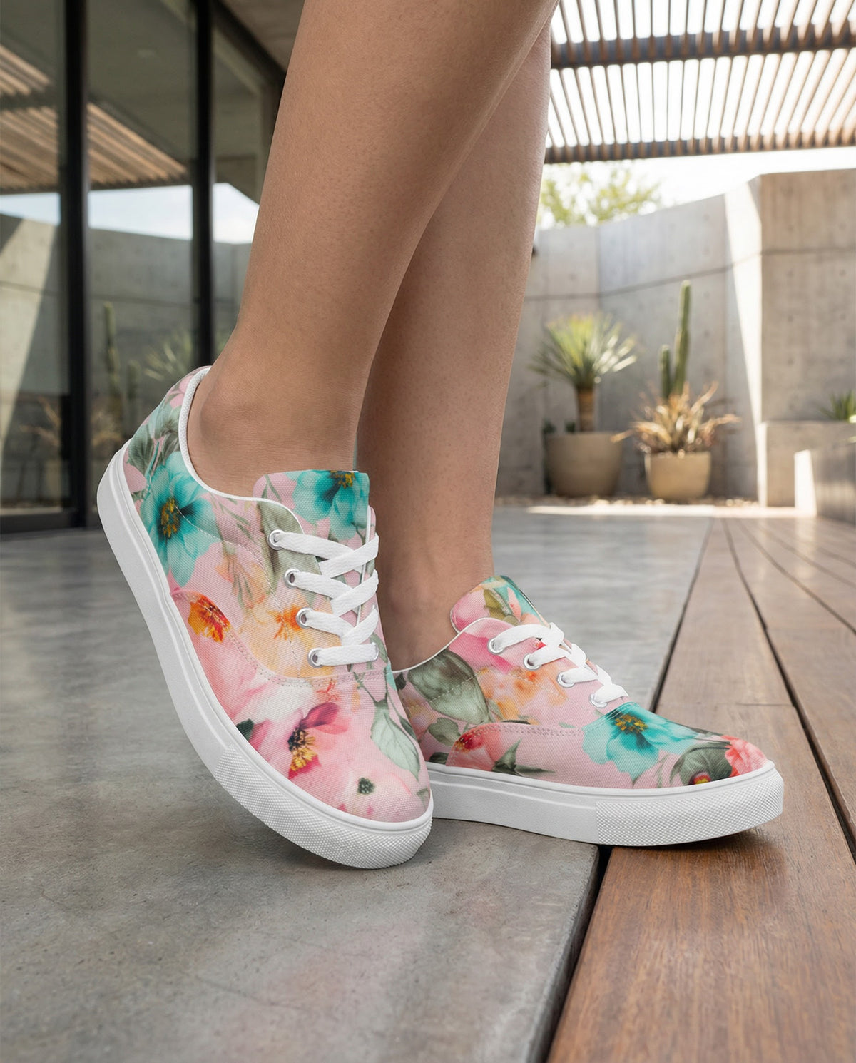 Sophia women’s pink botanical floral canvas sneakers with white laces