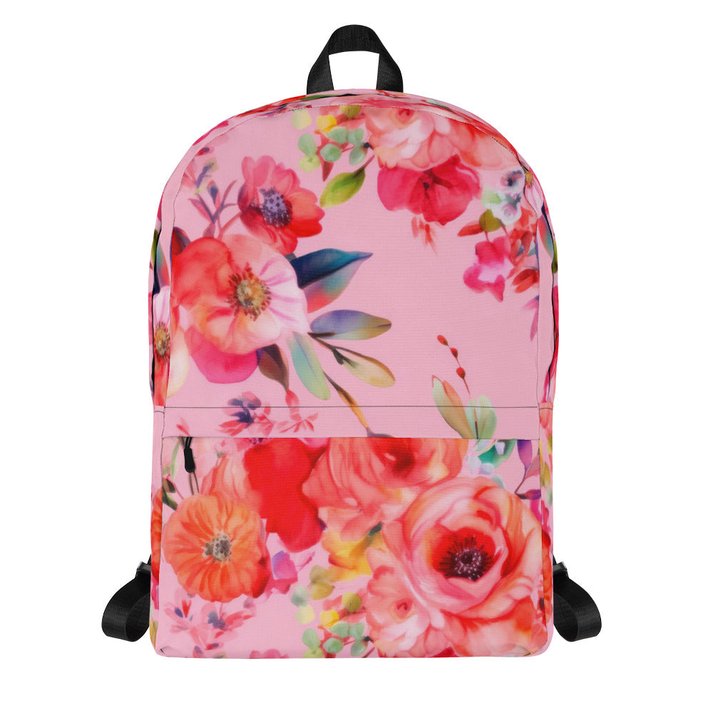 baby pink backpack with multicolor and red botanical floral feminine pattern and black straps and handle with exterior zipper pocket and zipper main enclosure front view