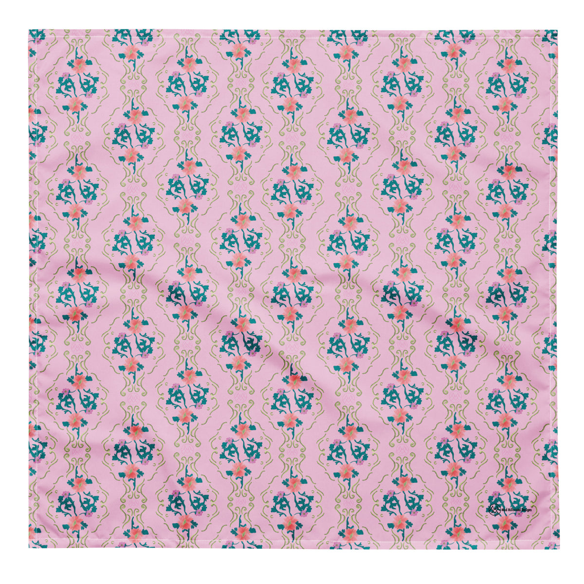 Petal Parlor coquette bandana with blush pink, teal turquoise, coral pink, lavender and sage green ornamental floral pattern front