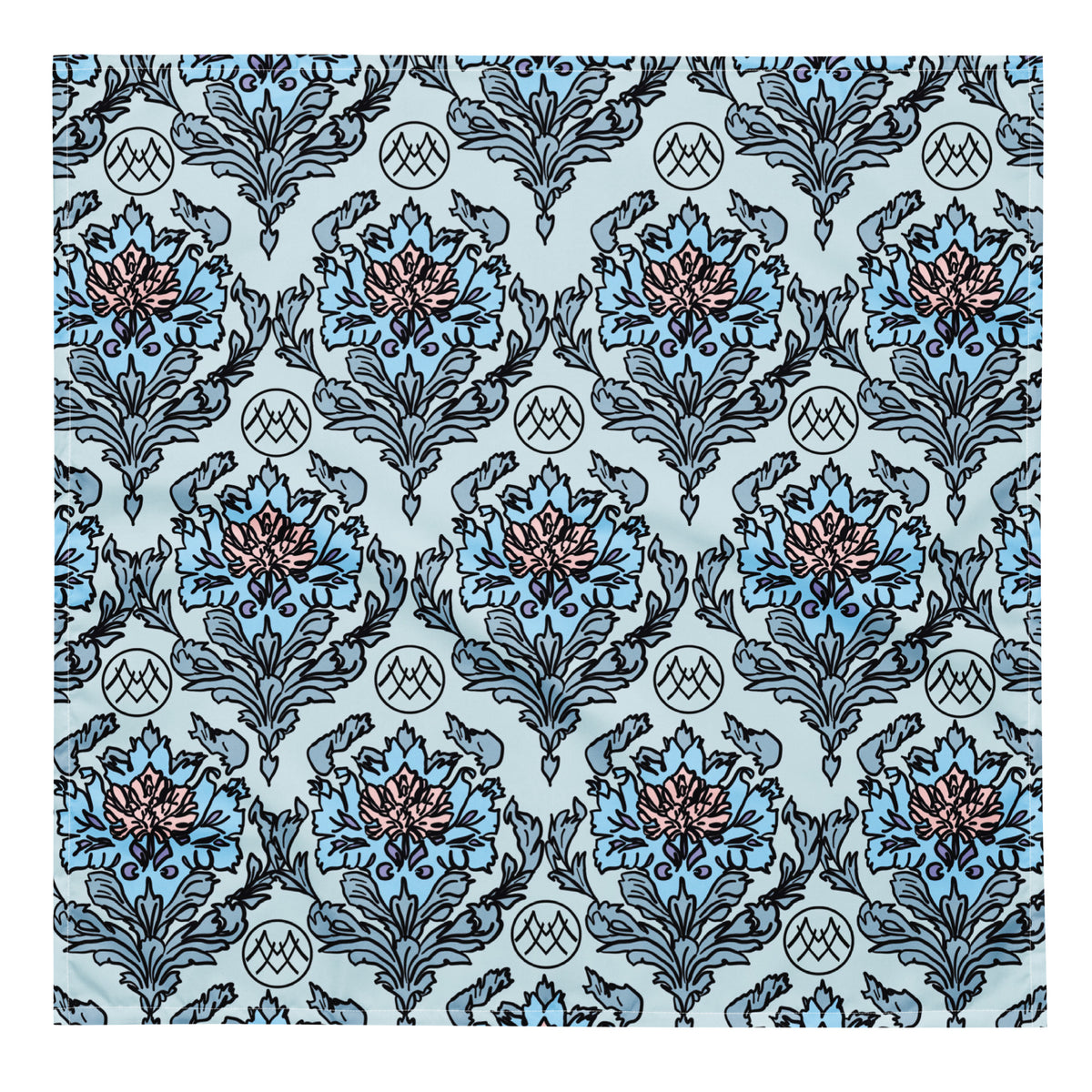 Blue Blossom Tea Room coquette bandana with powder blue, black, blush pink and lavender ornamental botanical floral pattern front