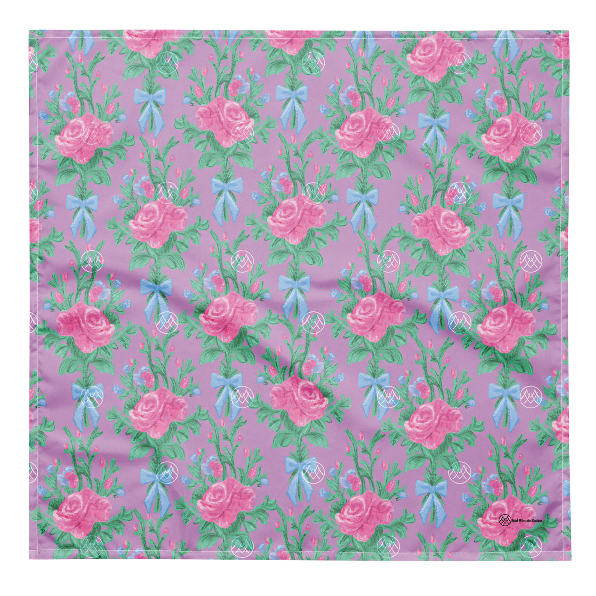 Lovely Lavender Tea coquette bandana with lavender purple, pink roses, green foliage and powder blue bow floral pattern front