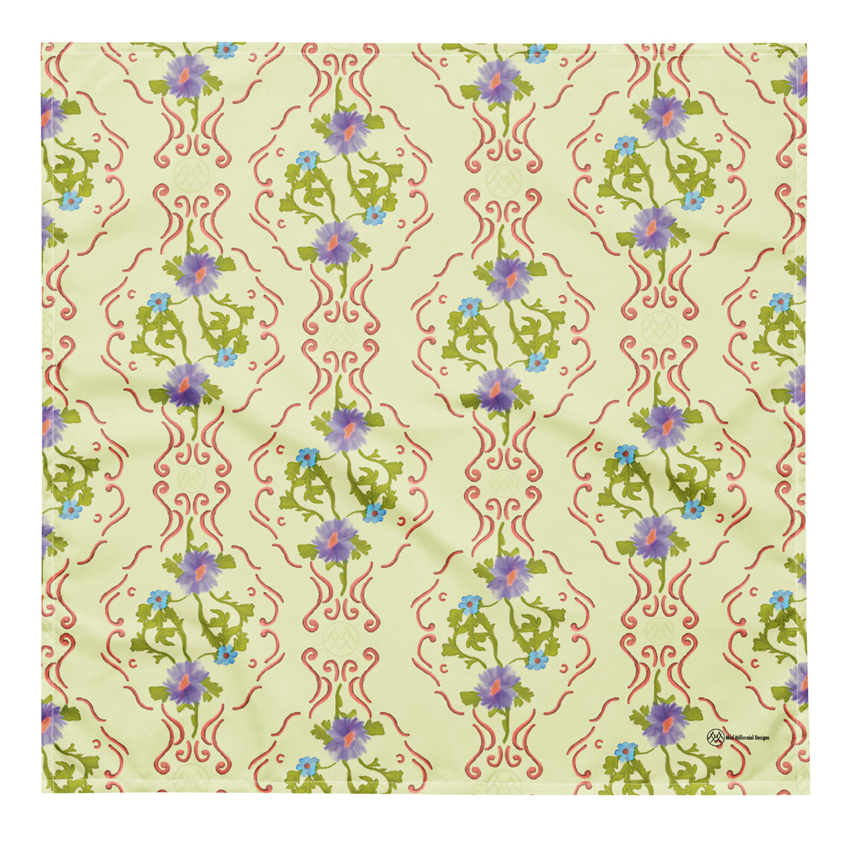 Golden Hour Gala coquette bandana with butter yellow, lavender purple, sky blue, chartreuse green and coral pink ornamental floral pattern front