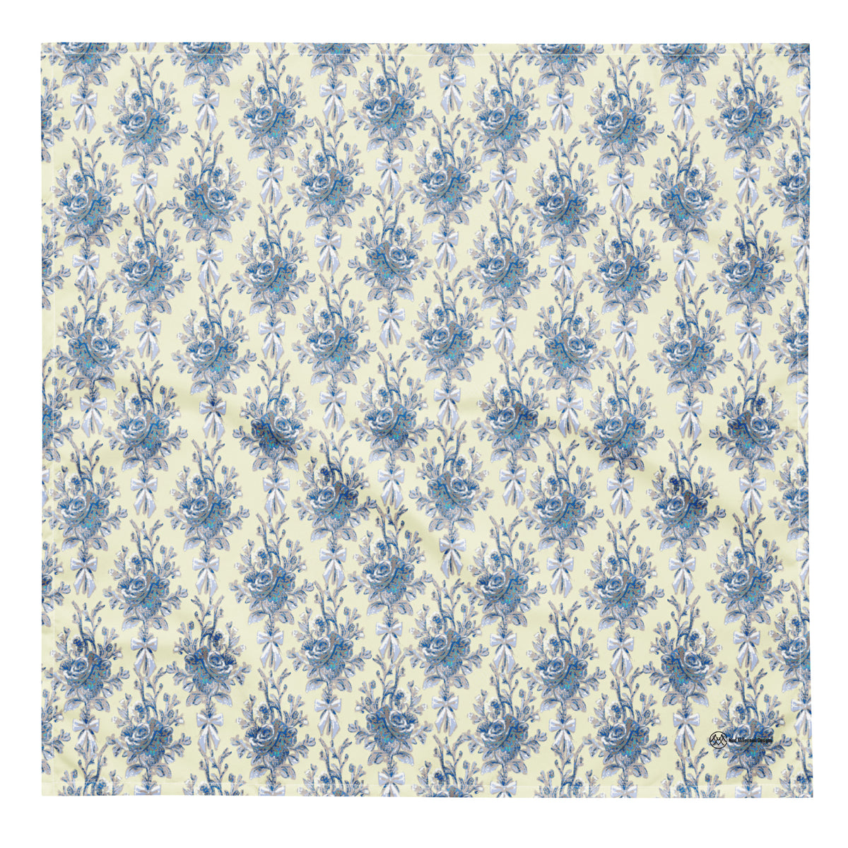 Tasteful Teacup coquette bandana with buttercream yellow, powder blue, cornflower blue and navy rose bouquets and bow pattern front