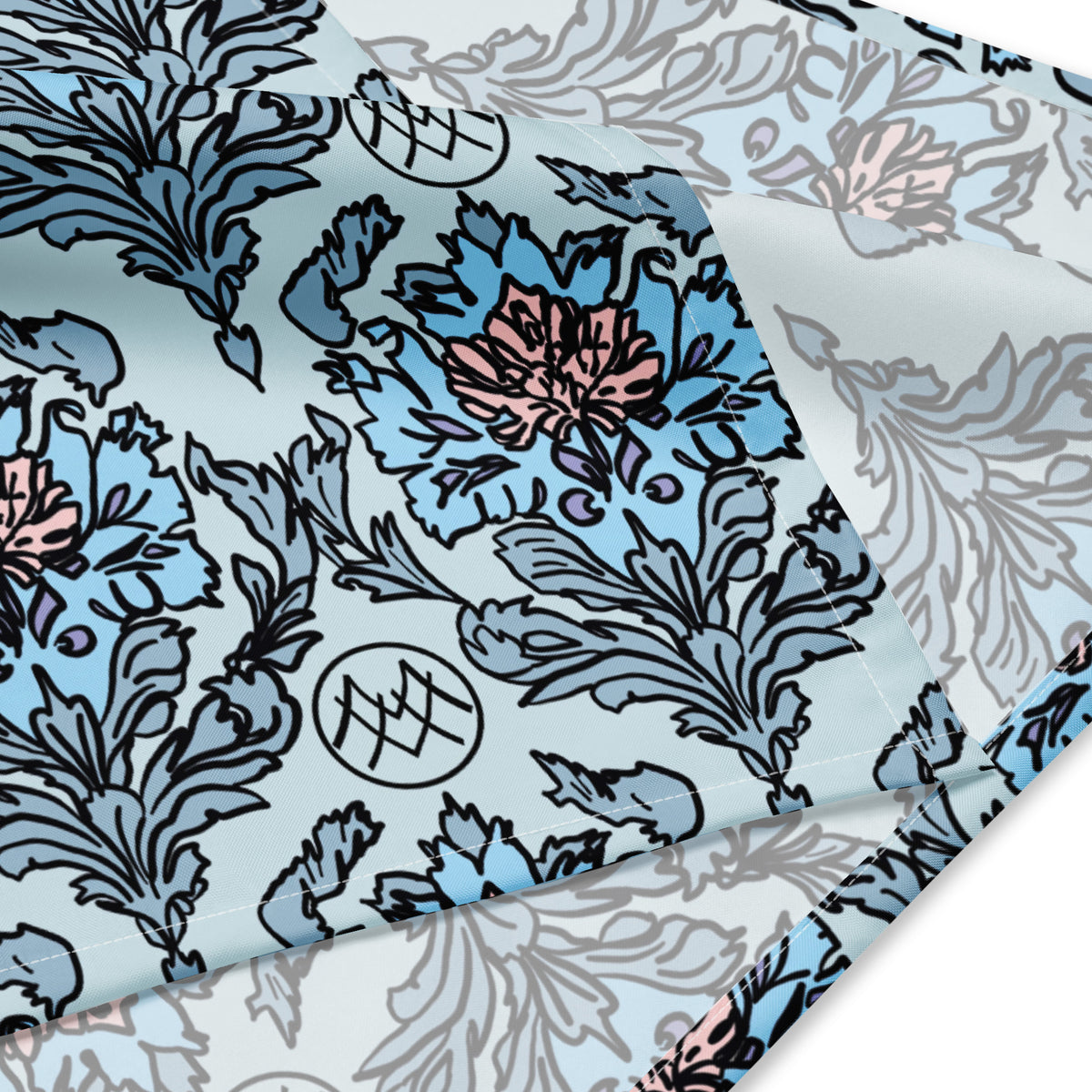Blue Blossom Tea Room coquette bandana with powder blue, black, blush pink and lavender ornamental botanical floral pattern bandana details