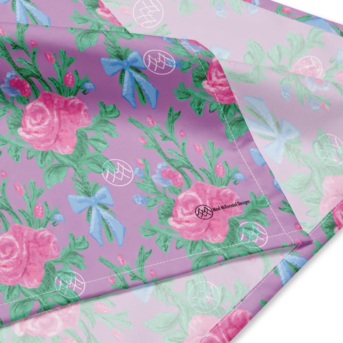 Lovely Lavender Tea coquette bandana with lavender purple, pink roses, green foliage and powder blue bow floral pattern bandana details