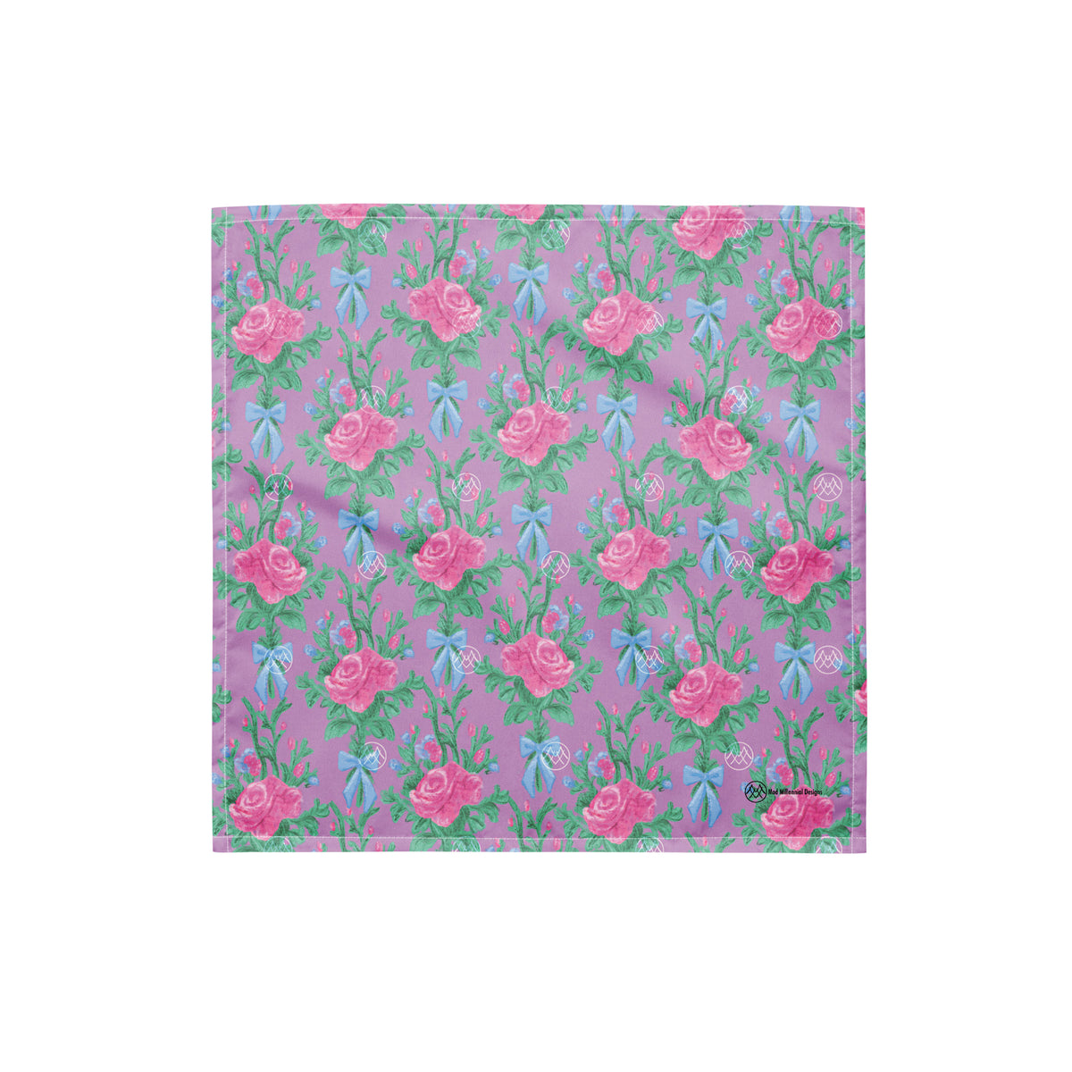 Lovely Lavender Tea coquette bandana with lavender purple, pink roses, green foliage and powder blue bow floral pattern front