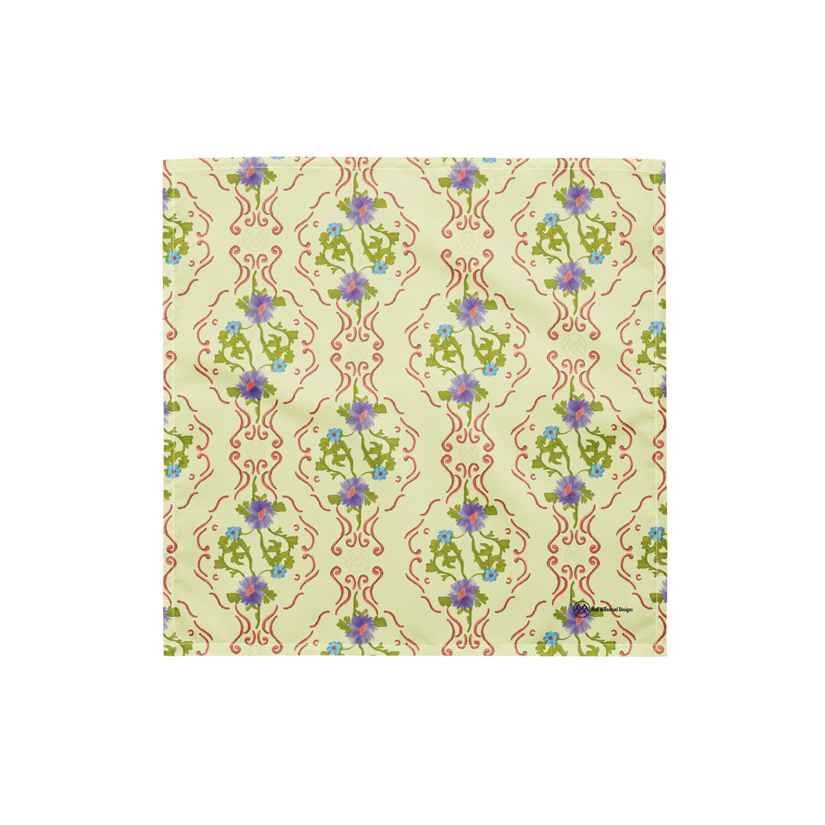 Golden Hour Gala coquette bandana with butter yellow, lavender purple, sky blue, chartreuse green and coral pink ornamental floral pattern front
