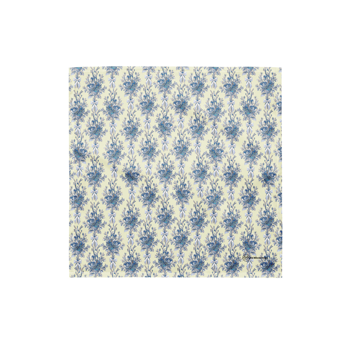 Tasteful Teacup coquette bandana with buttercream yellow, powder blue, cornflower blue and navy rose bouquets and bow pattern front