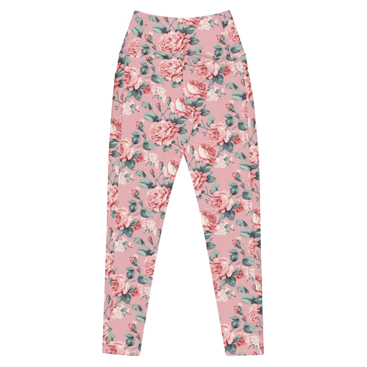 pink crossover leggings with side pockets with pink rose floral botanical feminine pattern showing the back