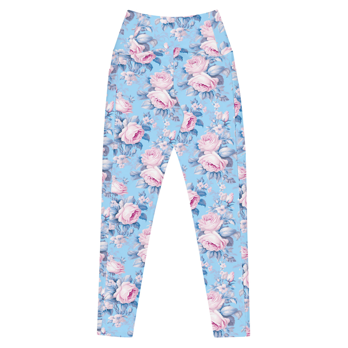 powder blue crossover leggings with side pockets with pink rose floral feminine botanical pattern showing the back