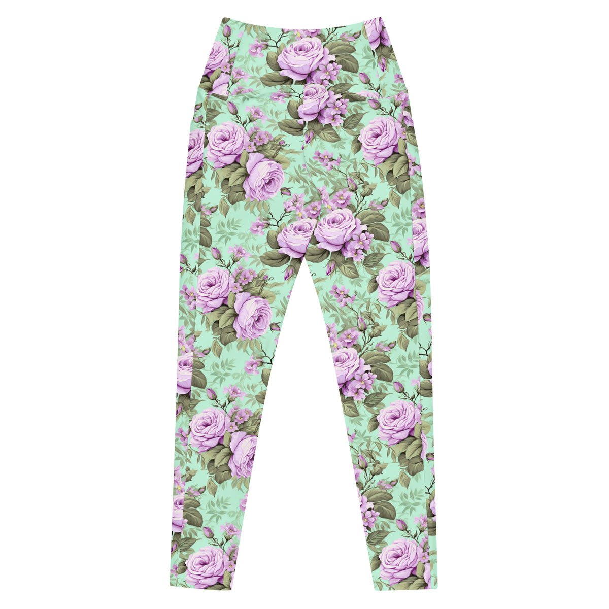mint green crossover leggings with side pockets with purple roses and green florals botanical feminine pattern showing the back