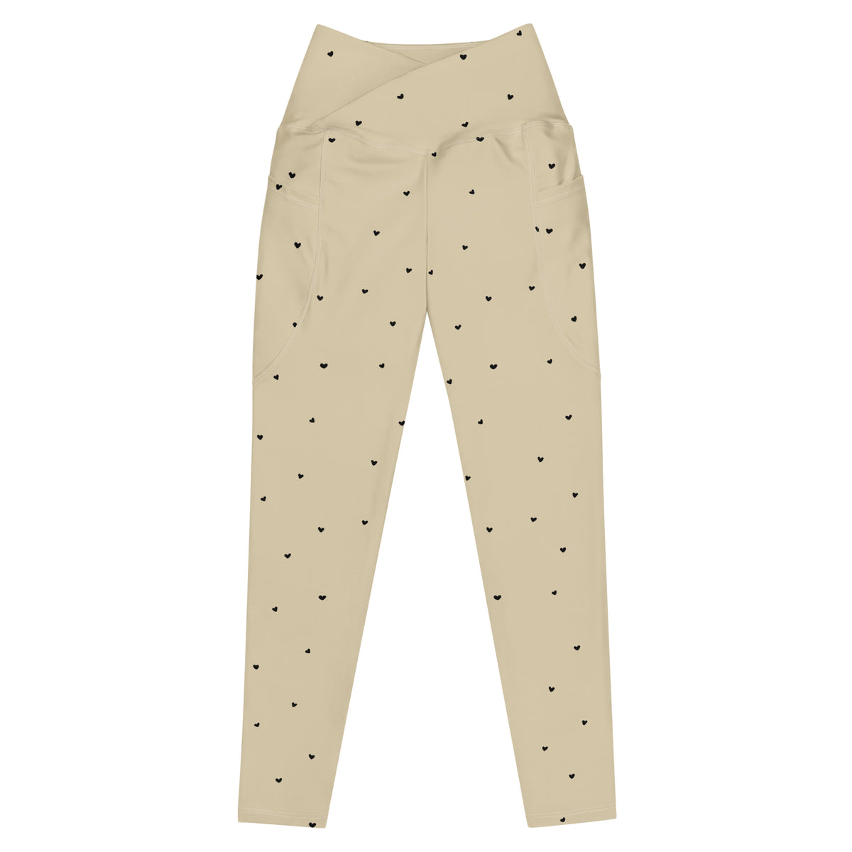 Beatrix cream beige crossover leggings with pockets and tiny black heart print front