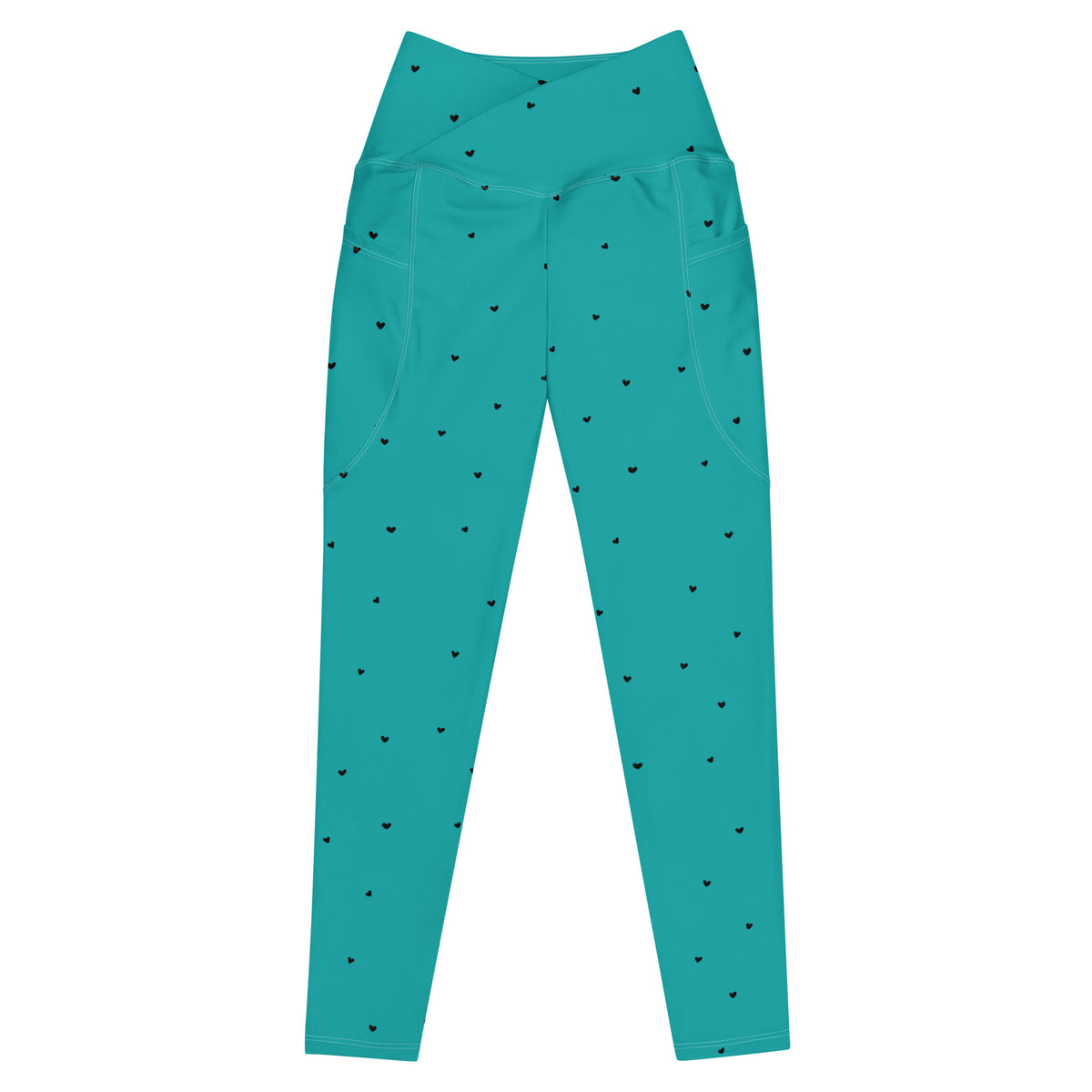 Hilda turquoise aqua teal crossover leggings with pockets and tiny black heart print front