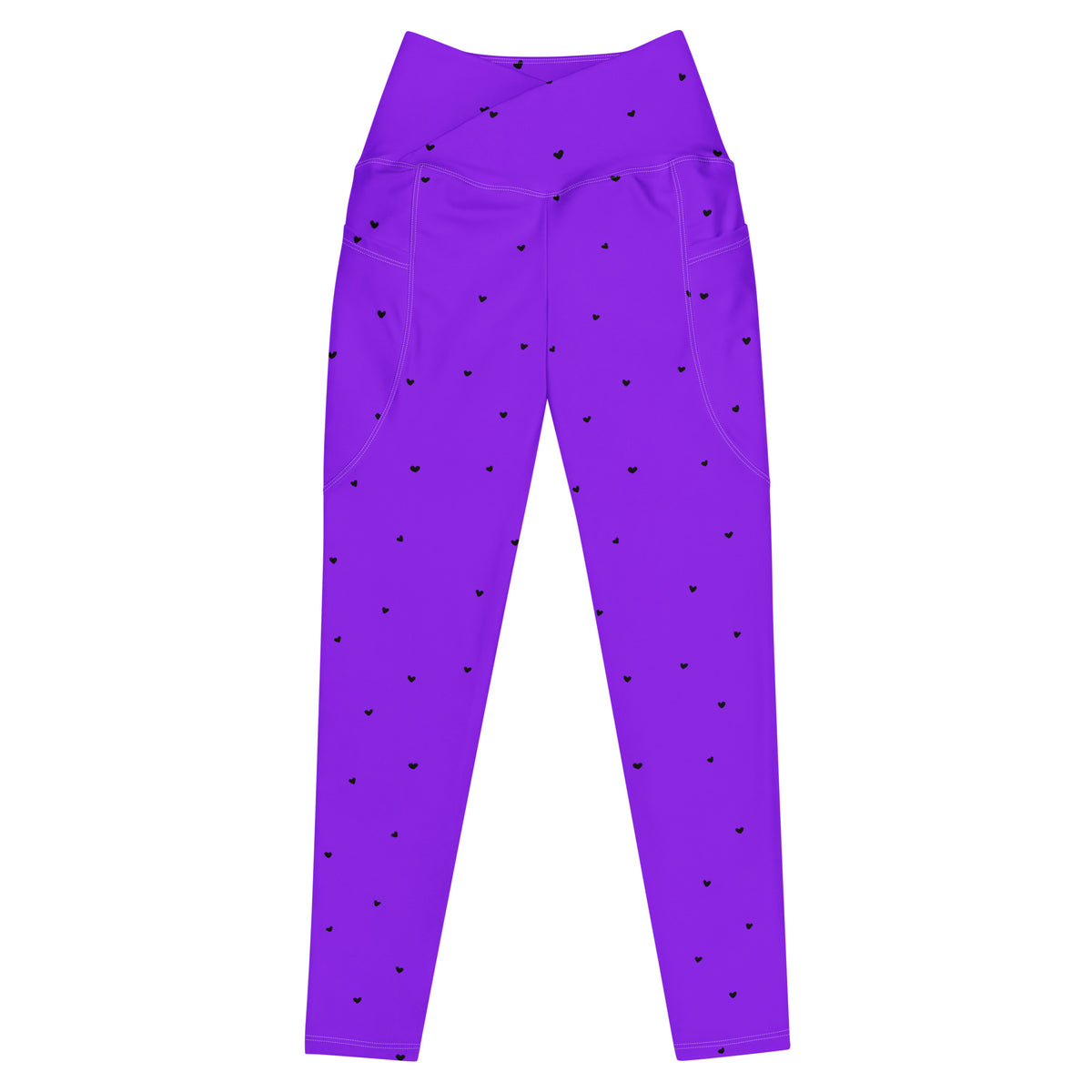 Jillian vivid violet purple crossover leggings with pockets and tiny black heart print front