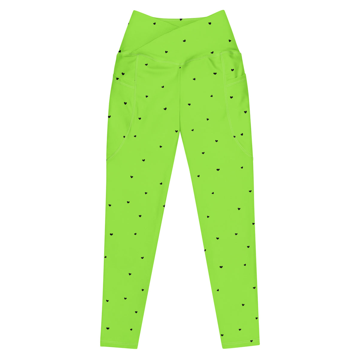 Yasmin neon lime green crossover leggings with pockets and tiny black heart print front