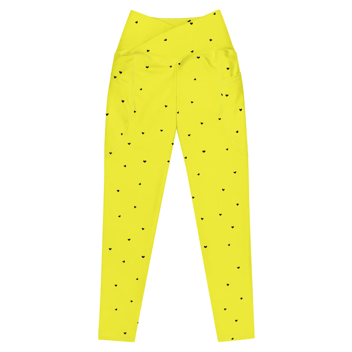 Virginia neon yellow crossover leggings with pockets and tiny black heart print front