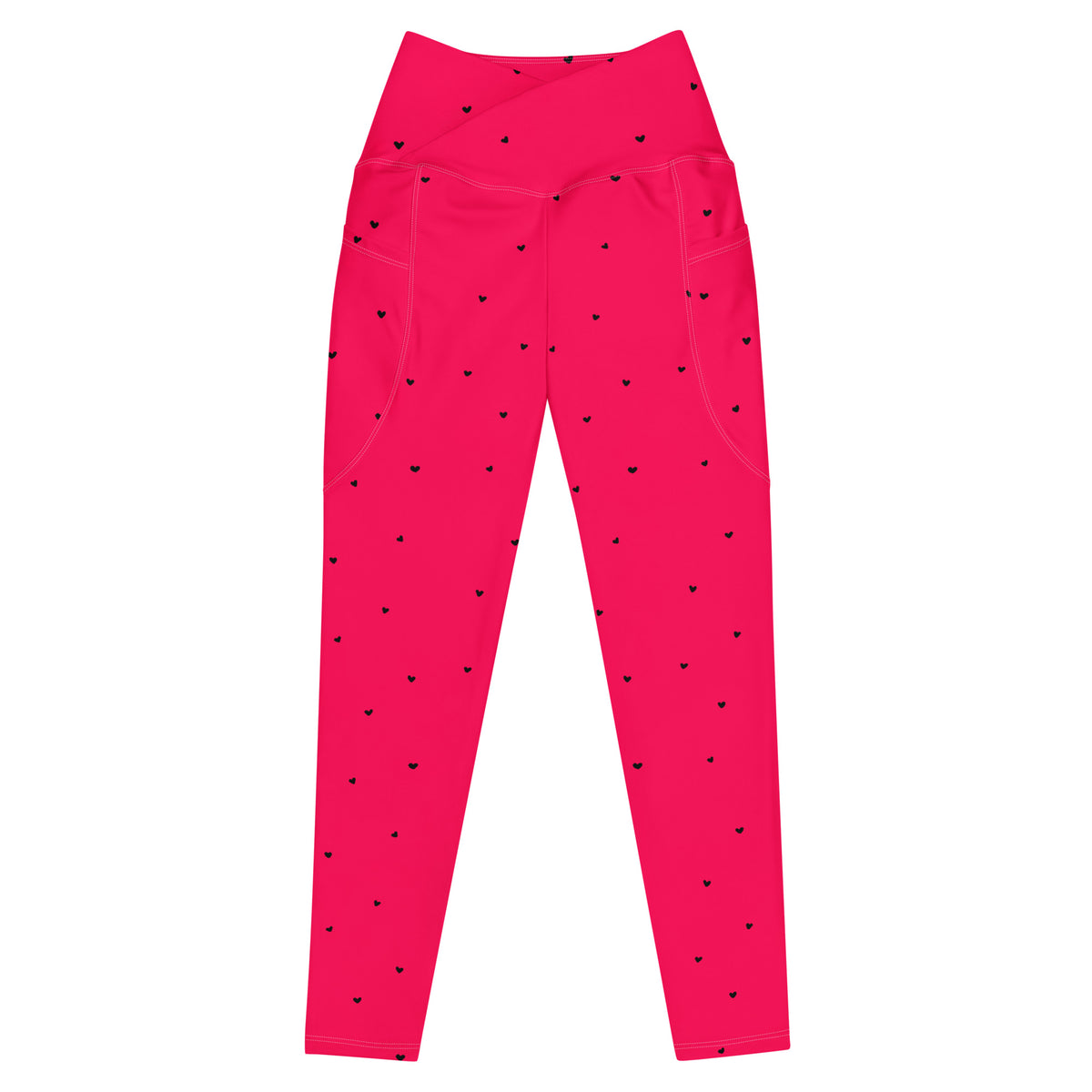 Ophelia hot pink crossover leggings with pockets and tiny black heart print front