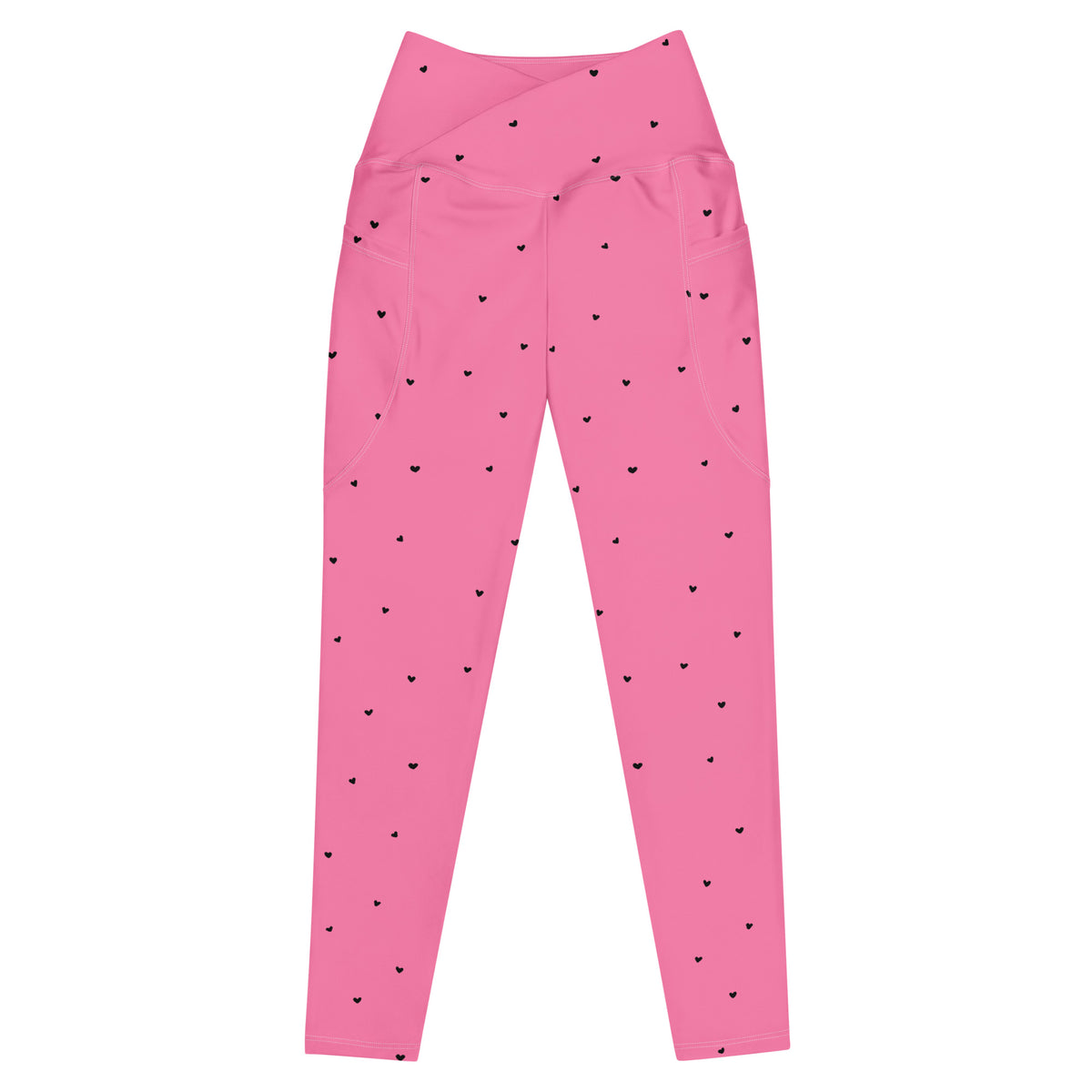 Maxine bubblegum pink crossover leggings with pockets and tiny black heart print front