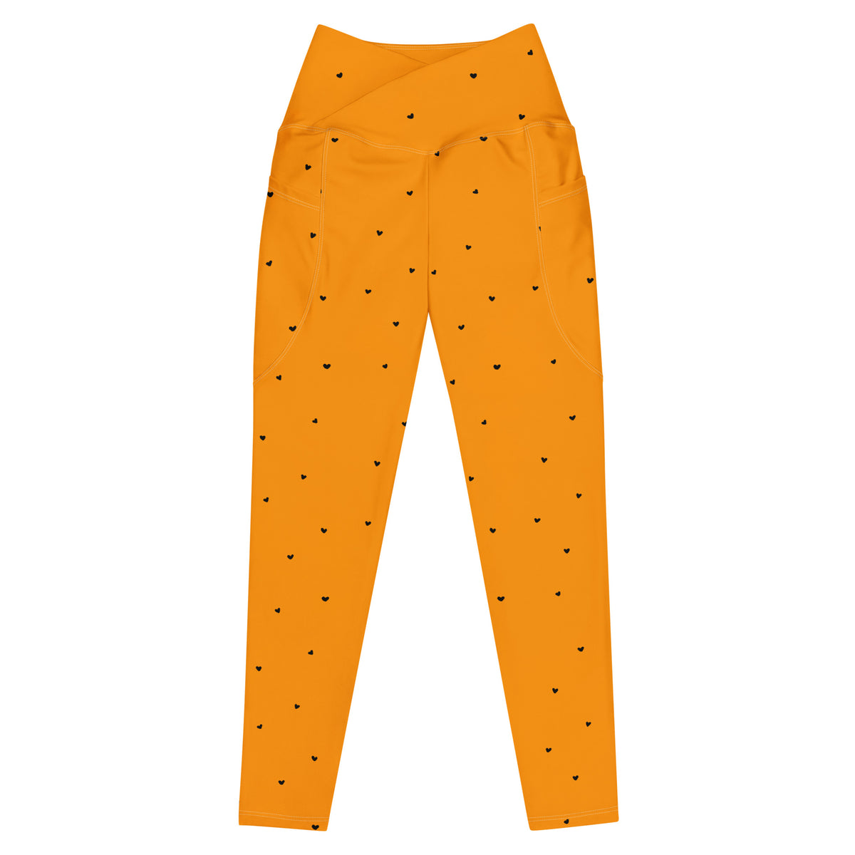 Trixie tangerine orange crossover leggings with pockets and tiny black heart print front