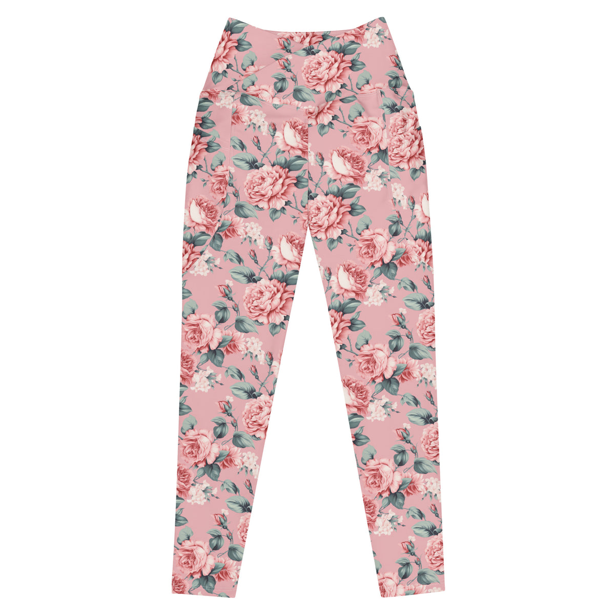 pink crossover leggings with side pockets with pink rose floral botanical feminine pattern showing the front