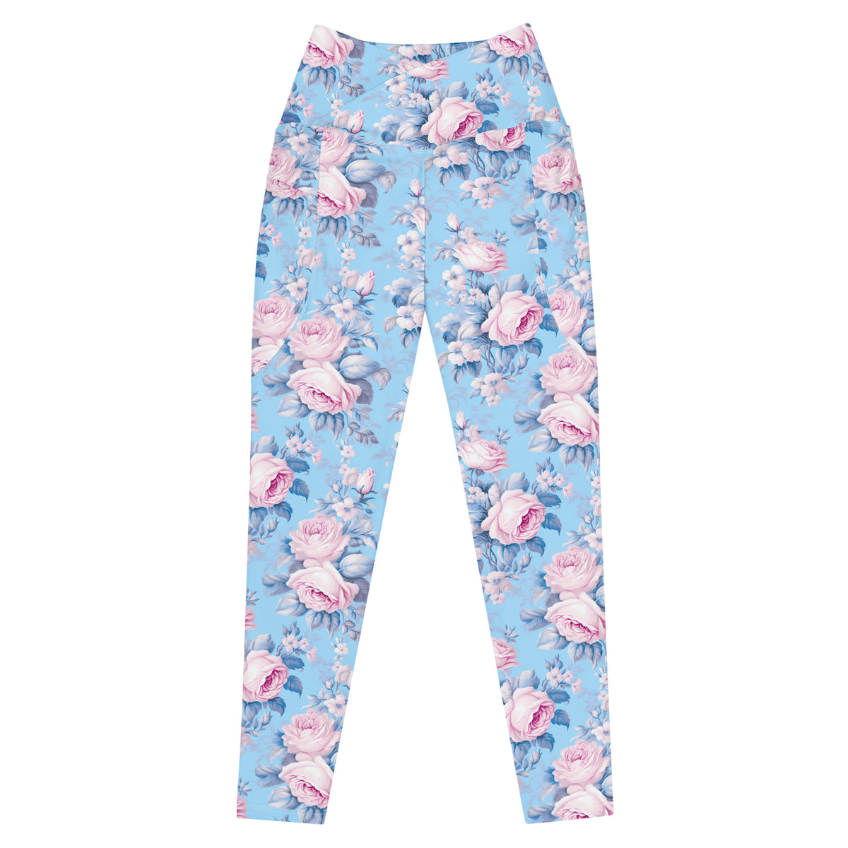 powder blue crossover leggings with side pockets with pink rose floral feminine botanical pattern showing the front