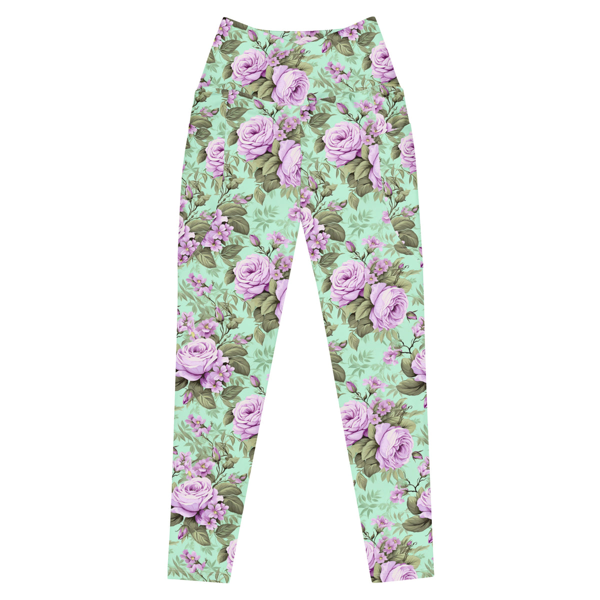 mint green crossover leggings with side pockets with purple roses and green florals botanical feminine pattern showing the front