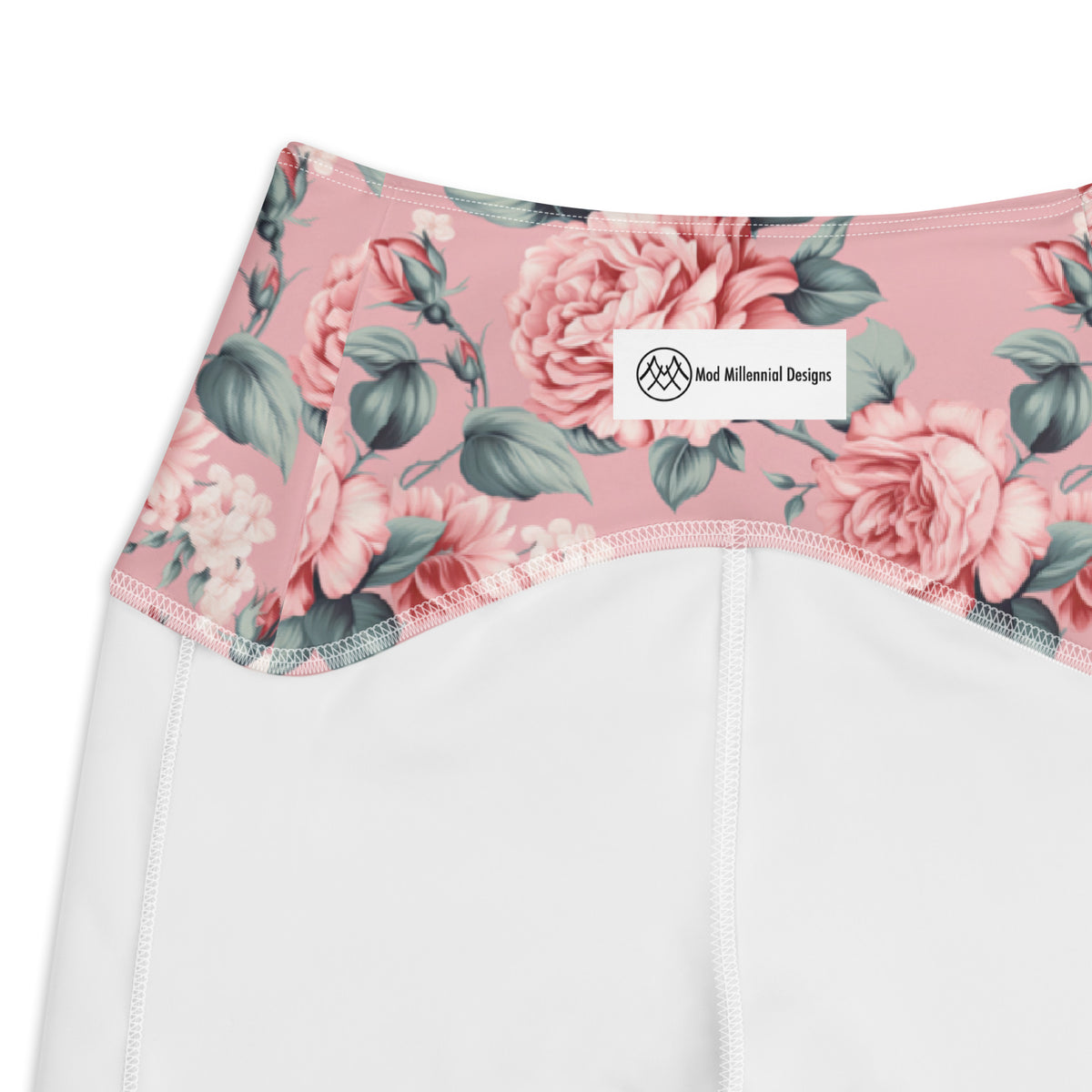 pink crossover leggings with side pockets with pink rose floral botanical feminine pattern showing the inner band details