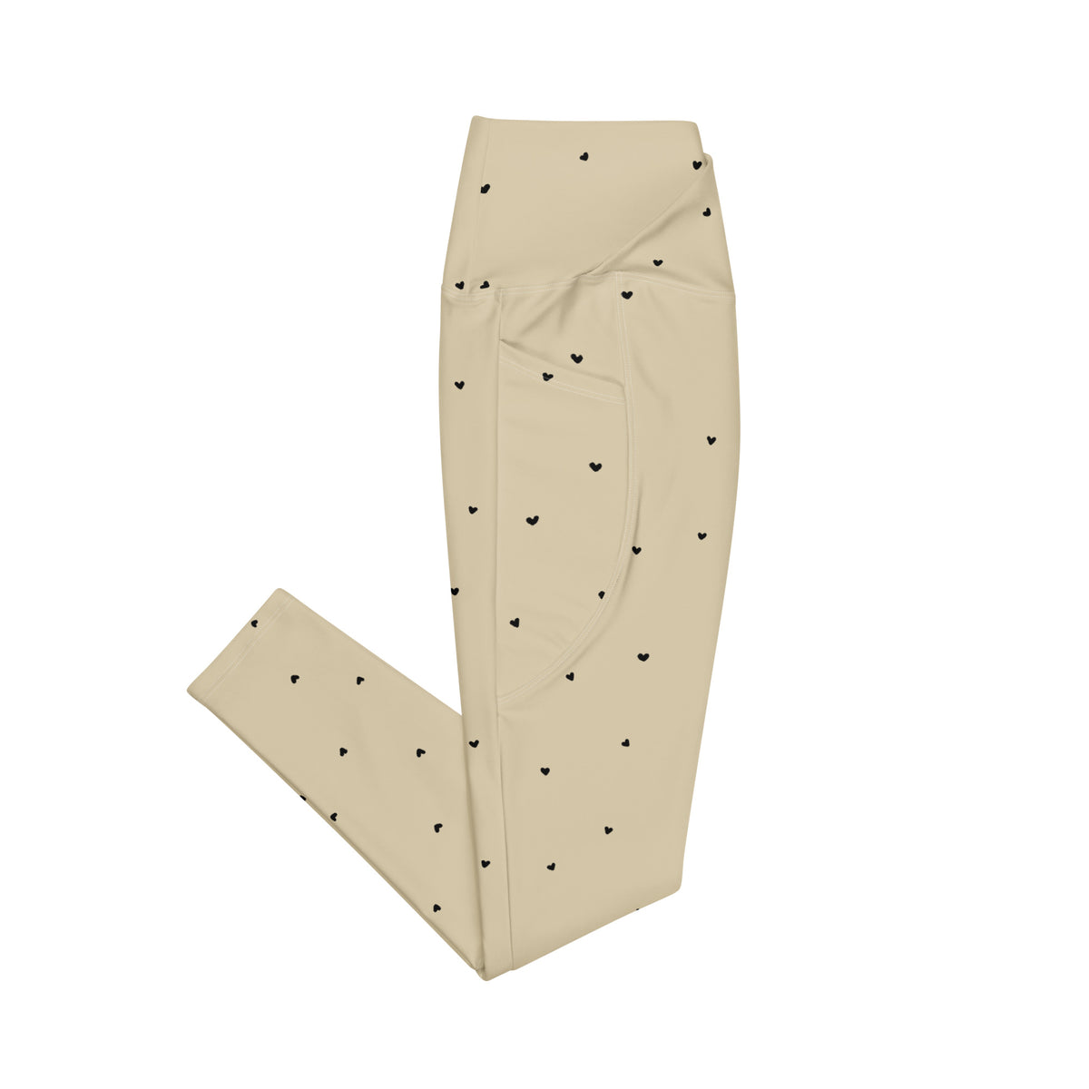 Beatrix cream beige crossover leggings with pockets and tiny black heart print side pockets