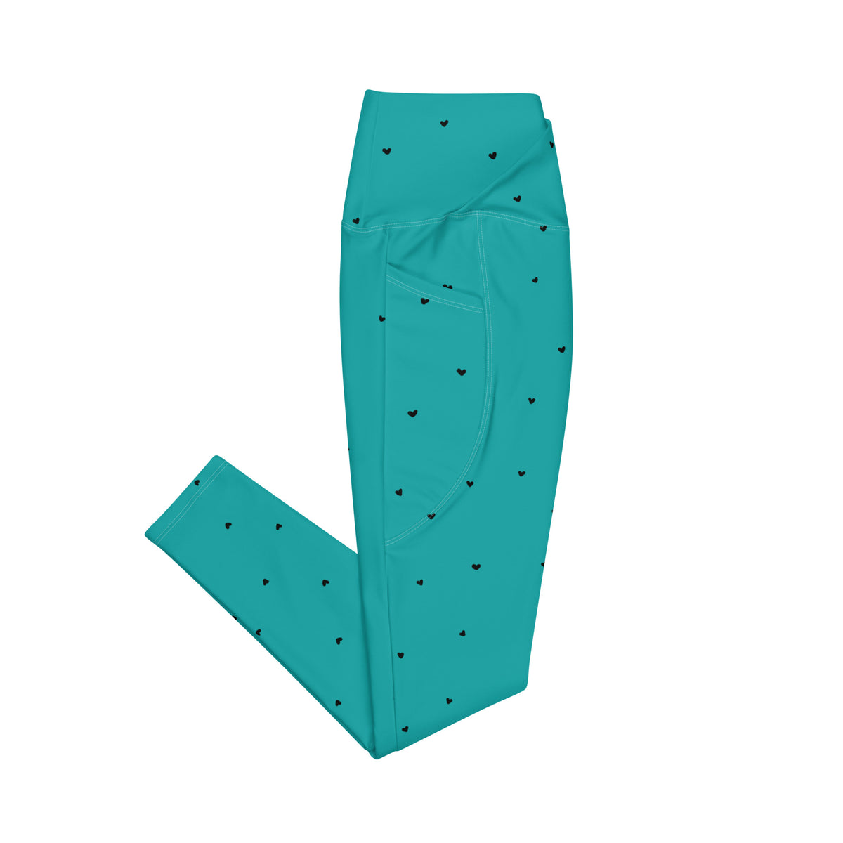 Hilda turquoise aqua teal crossover leggings with pockets and tiny black heart print side pockets