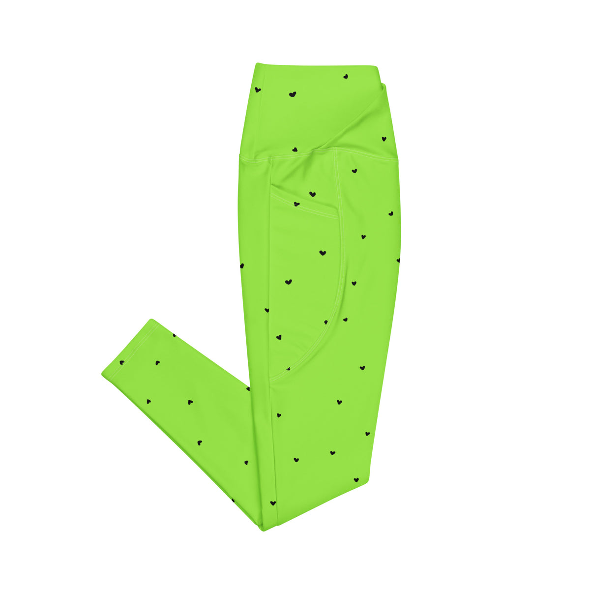 Yasmin neon lime green crossover leggings with pockets and tiny black heart print side pockets