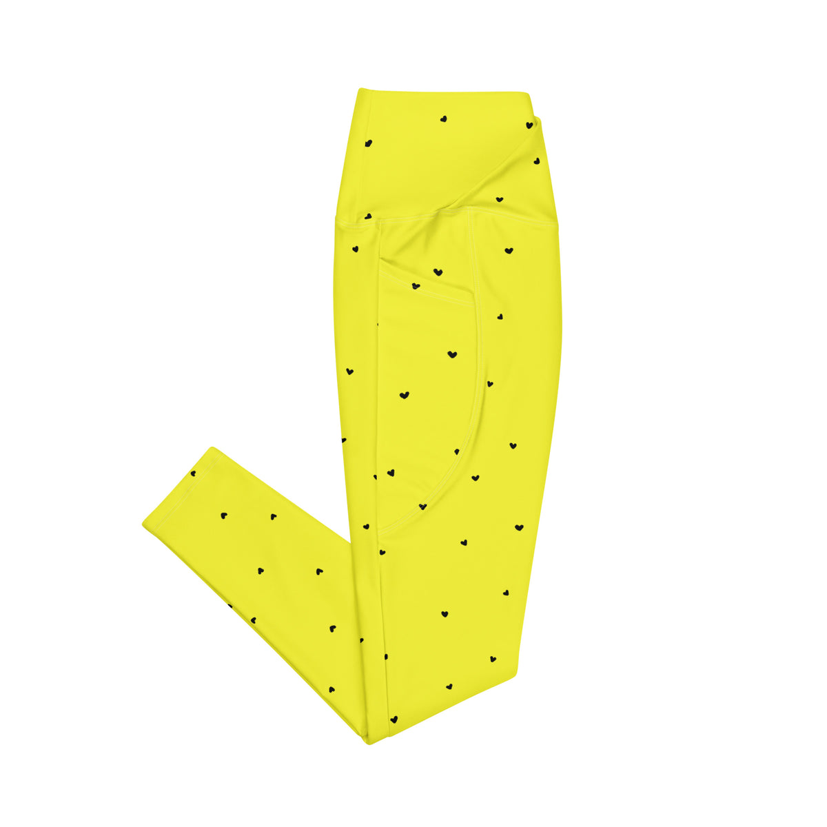 Virginia neon yellow crossover leggings with pockets and tiny black heart print side pockets