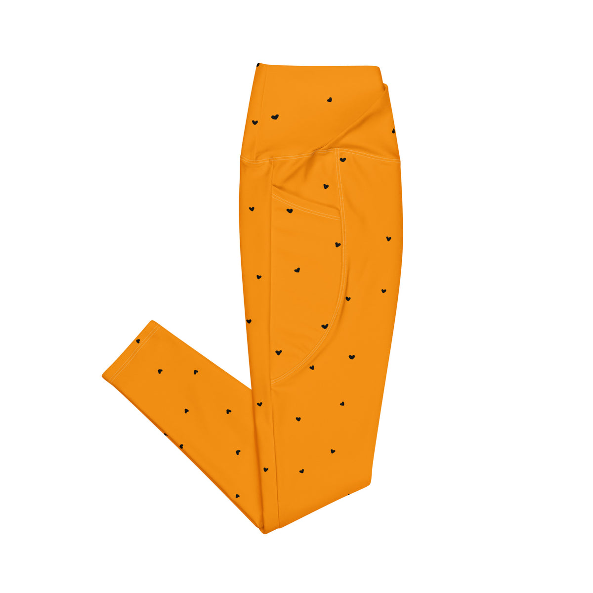 Trixie tangerine orange crossover leggings with pockets and tiny black heart print side pockets