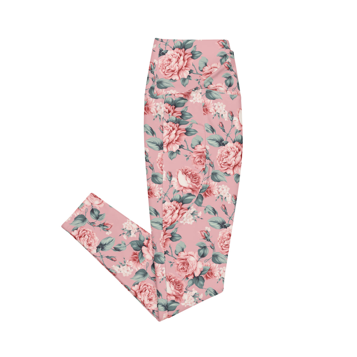 pink crossover leggings with side pockets with pink rose floral botanical feminine pattern showing the side