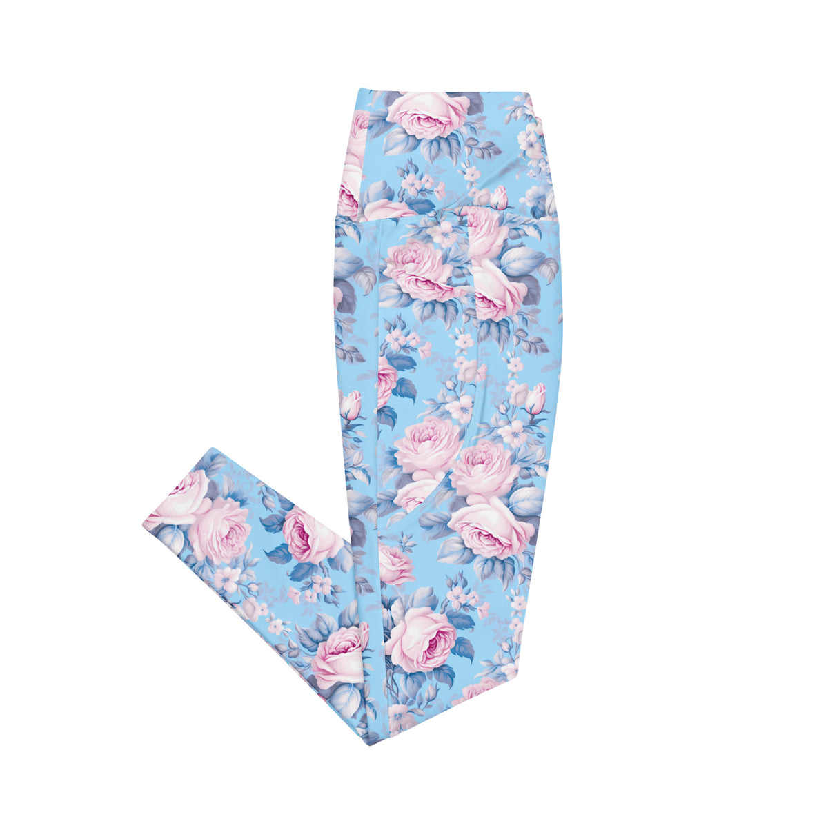 powder blue crossover leggings with side pockets with pink rose floral feminine botanical pattern showing the side
