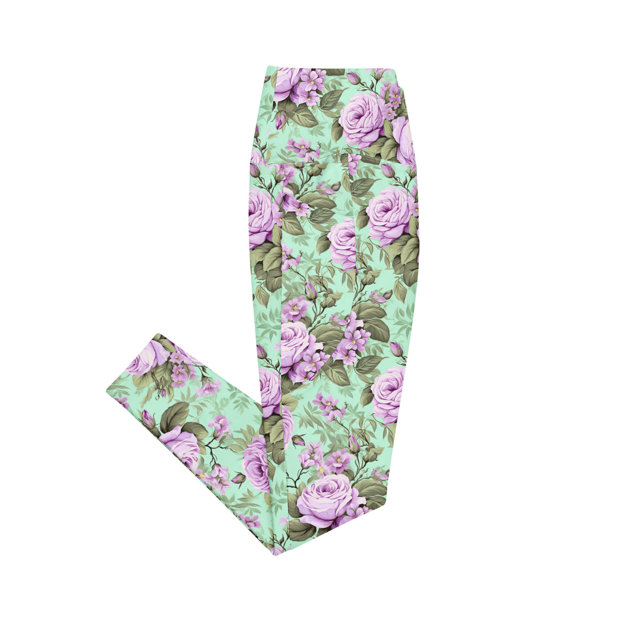 mint green crossover leggings with side pockets with purple roses and green florals botanical feminine pattern showing the side view
