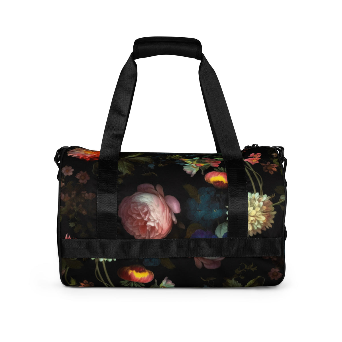 Gym duffle bag with zipper and black straps and black removable shoulder strap in black with a colorful red blue and pink floral botanical feminine pattern showing the back