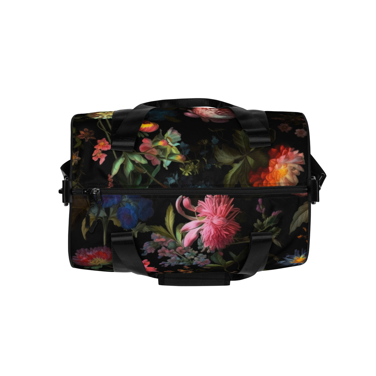 Gym duffle bag with zipper and black straps and black removable shoulder strap in black with a colorful red blue and pink floral botanical feminine pattern showing the top