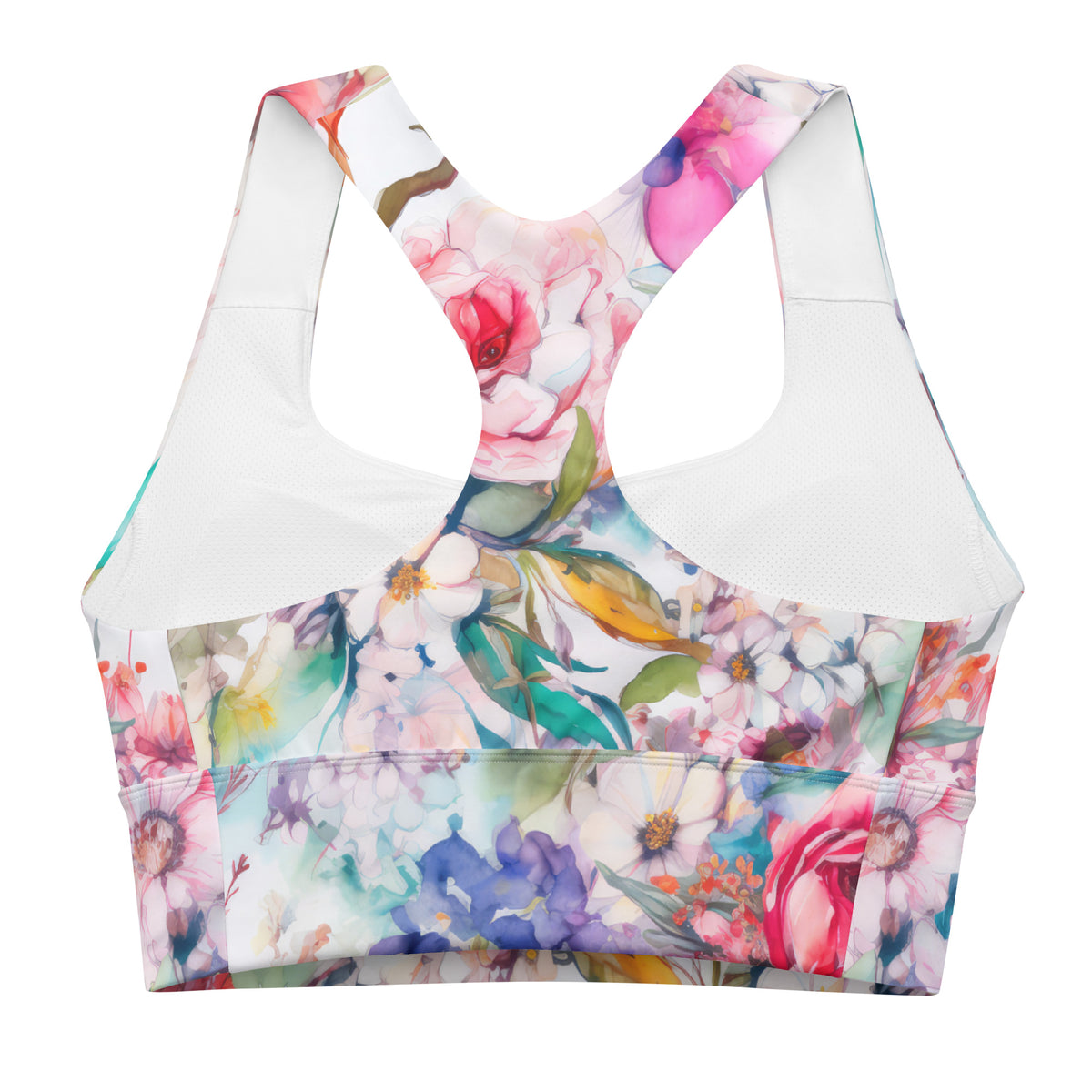white longline sports bra with colorful pink purple and orange feminine floral botanical pattern showing the back