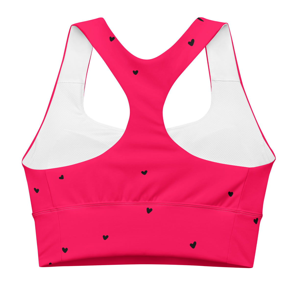 Ophelia hot pink sports bra with tiny black heart print back