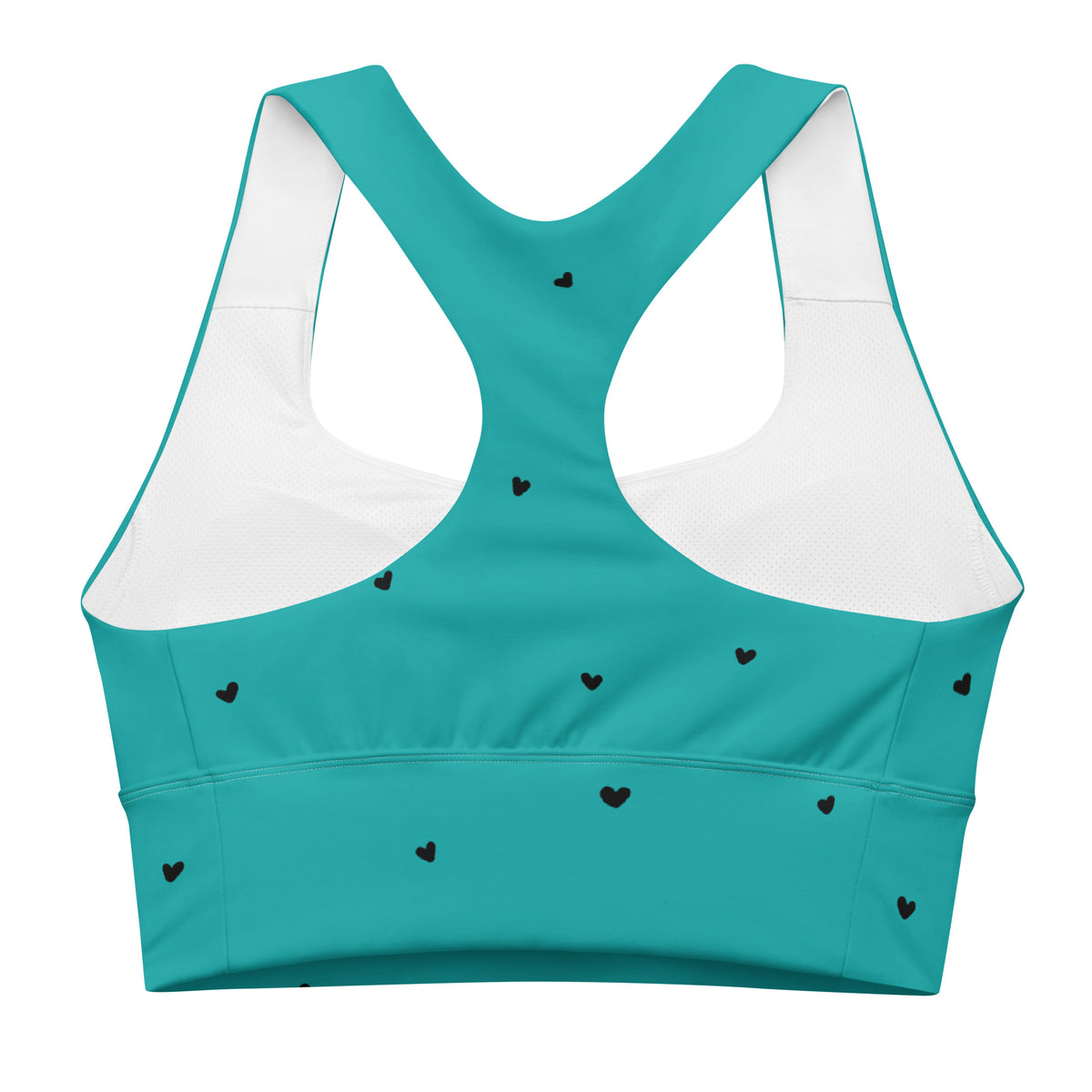 Hilda turquoise aqua teal longline sports bra with tiny black heart print back