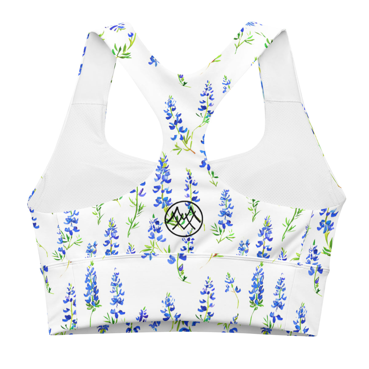 white longline sports bra with Texas bluebonnet pattern showing the back