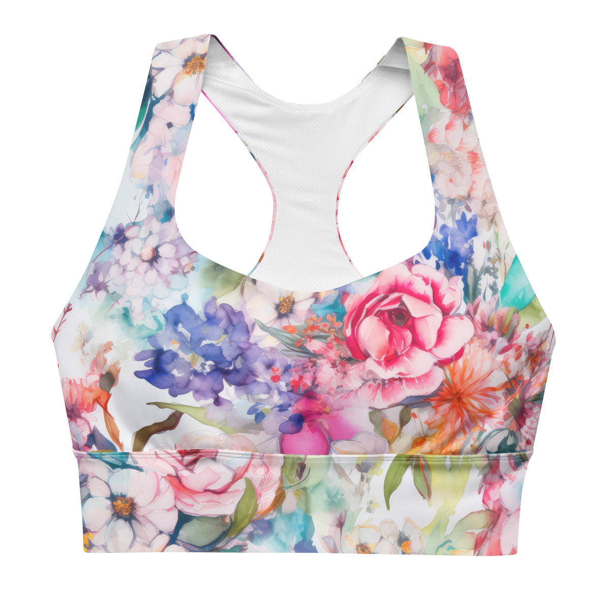 white longline sports bra with colorful pink purple and orange feminine floral botanical pattern showing the front