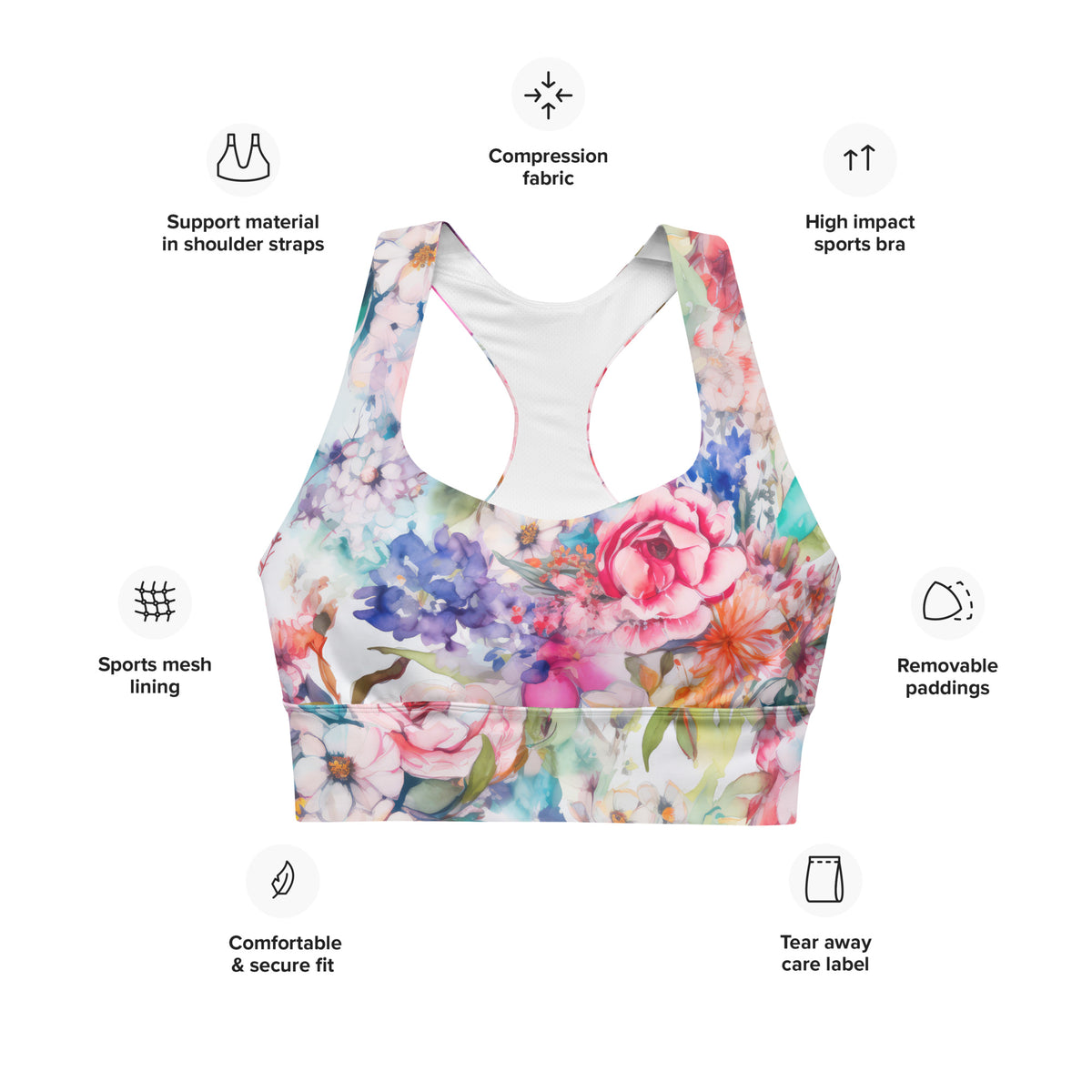 white longline sports bra with colorful pink purple and orange feminine floral botanical pattern showing the front on a feature diagram including removable paddings, compression fabric, and high impact
