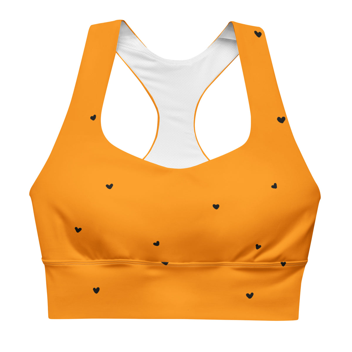 Trixie bright tangerine orange sports bra with tiny black heart print front