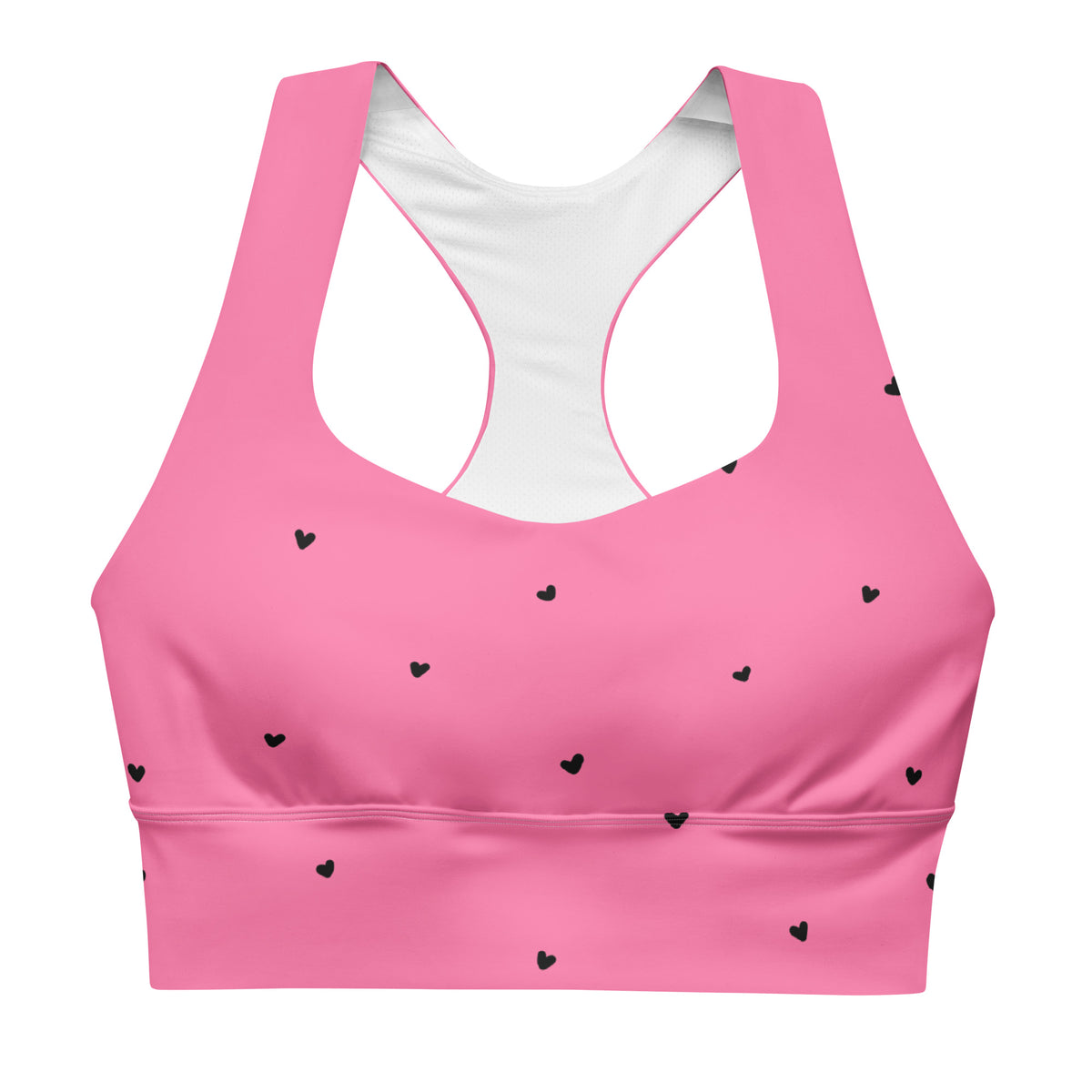 Maxine bubblegum pink longline sports bra with tiny black heart print front