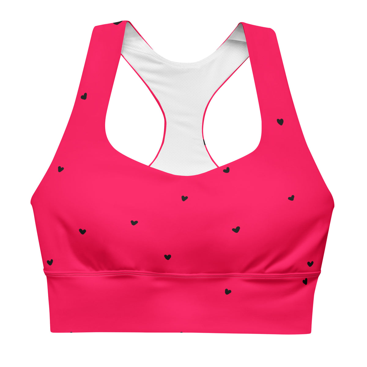 Ophelia hot pink sports bra with tiny black heart print front