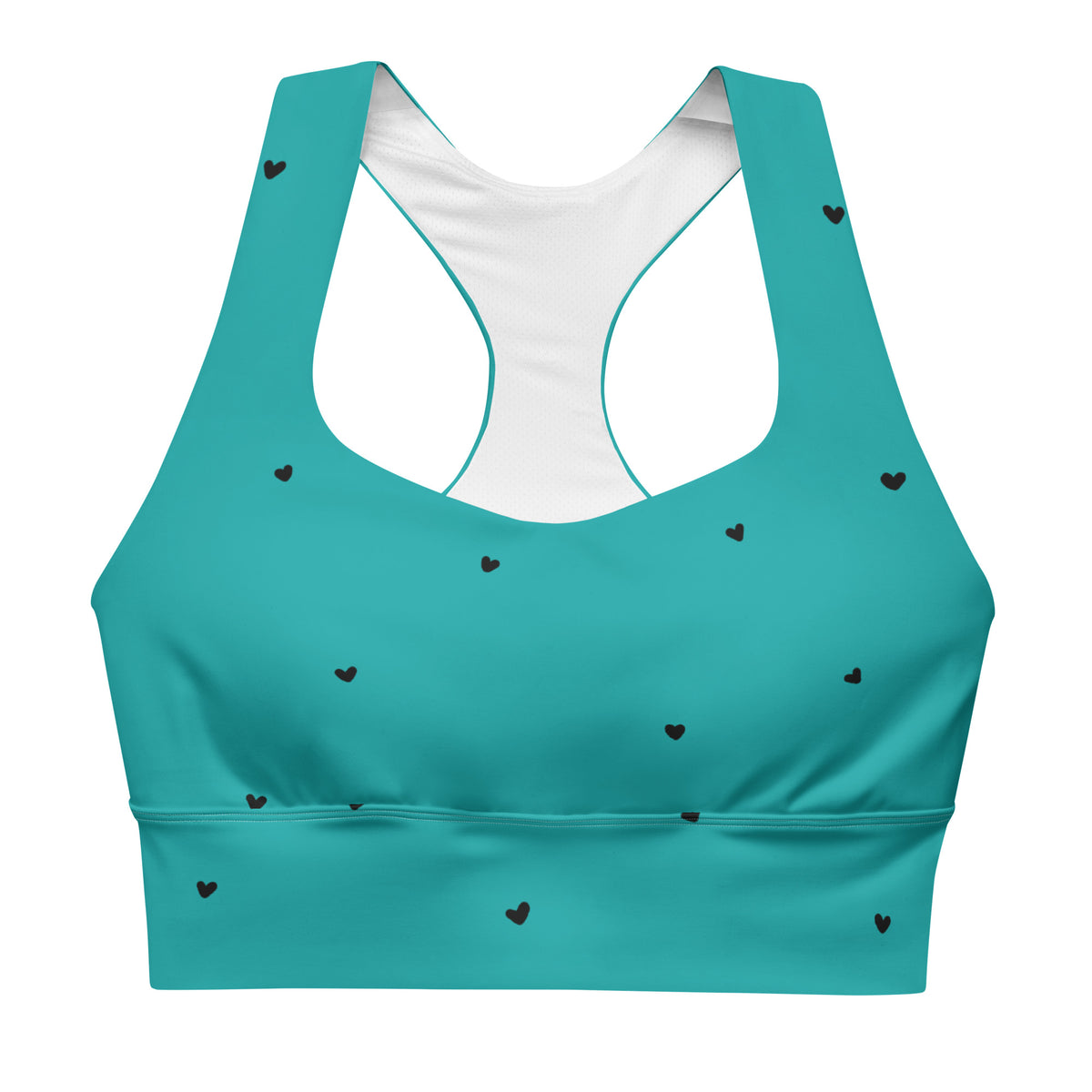 Hilda turquoise aqua teal longline sports bra with tiny black heart print front